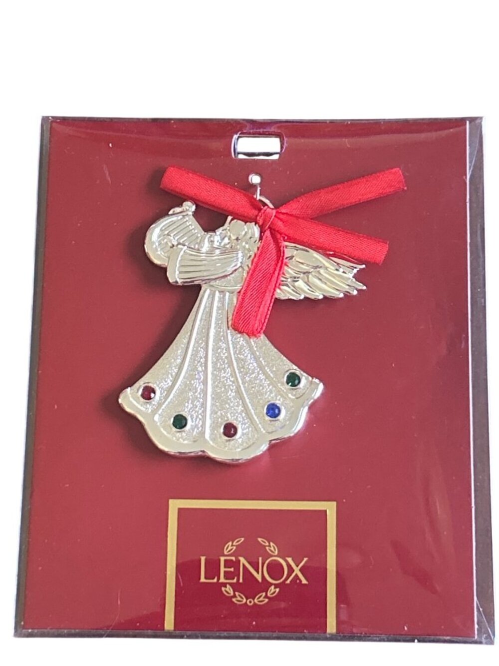 Lenox Jeweled Silver Charm Angel Ornament 2.25in With Red Bow - New In Box